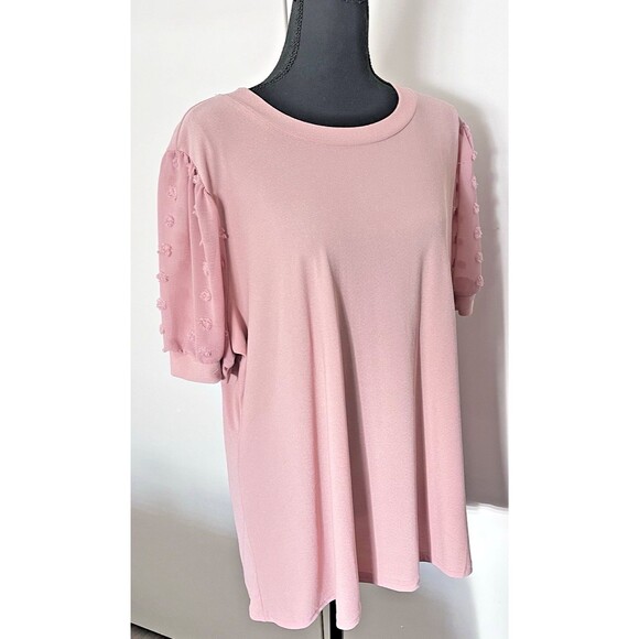 Flower & Feather Blouse Womens 3X Pink Top Zipper Short Sleeve Pullover - Picture 1 of 5